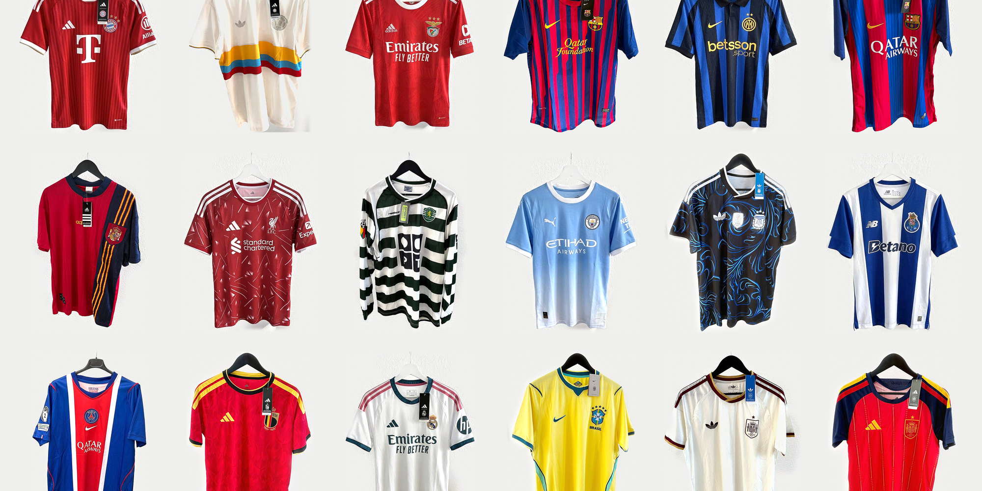 Mosaico con camisetas de fútbol de FUTSHIRTS LUX: retro, ediciones especiales, selecciones y equipos
